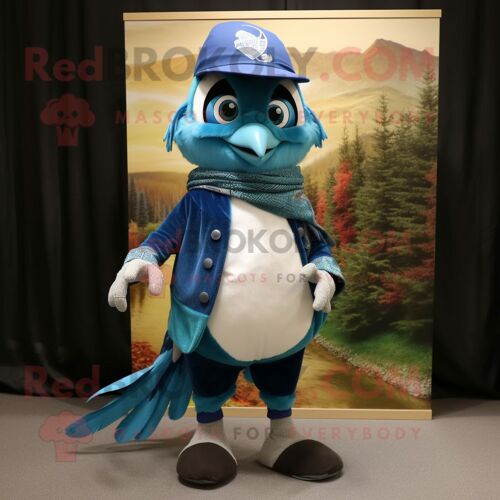 Personnage De Costume De Mascotte Redbrokoly Teal Blue Jay Habillé Avec Un Jean Skinny Et Des Épingles À Châle