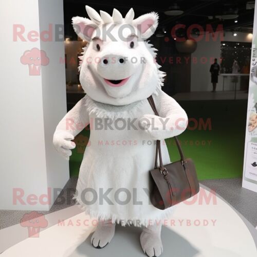 Personnage De Costume De Mascotte Redbrokoly De Sanglier Blanc Habillé D'une Robe Midi Et De Pochettes
