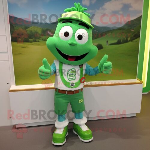 Personnage De Costume De Mascotte Redbrokoly De Bracelet Vert Habillé D'un Tee-Shirt Henley Et De Pinces À Chaussures