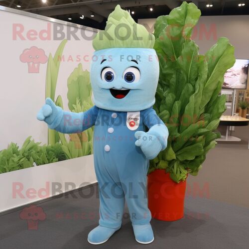 Personnage De Costume De Mascotte Redbrokoly De Céleri Bleu Ciel Habillé D'un Jean Évasé Et D'épinglettes
