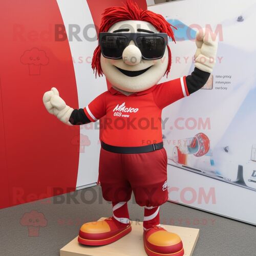 Personnage De Costume De Mascotte Redbrokoly Funambule Rouge Habillé D'un Maillot De Rugby Et De Lunettes De Soleil
