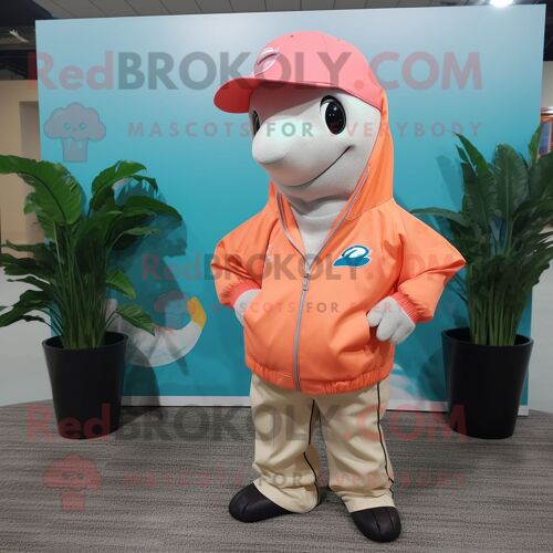 Personnage De Costume De Mascotte Redbrokoly Peach Dolphin Habillé Avec Un Coupe-Vent Et Des Épingles À Cravate