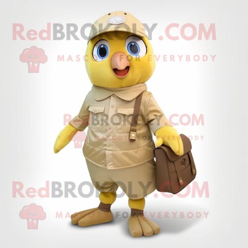 Mascotte Redbrokoly De Personnage De Canari Beige Habillé D'un Pantalon Cargo Et De Porte-Monnaie