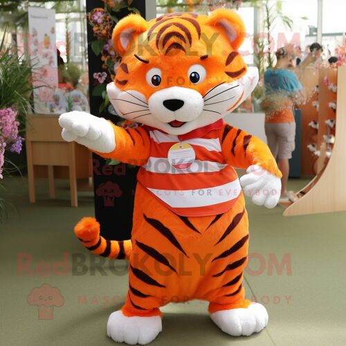 Costume De Mascotte Redbrokoly Tigre Orange Habillé D'une Jupe Plissée Et De Bracelets