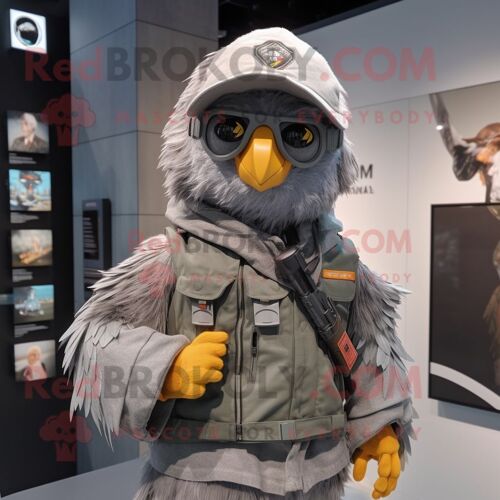 Personnage De Costume De Mascotte Redbrokoly De Tireur D'élite Gris Habillé D'un Coupe-Vent Et D'épingles À Châle