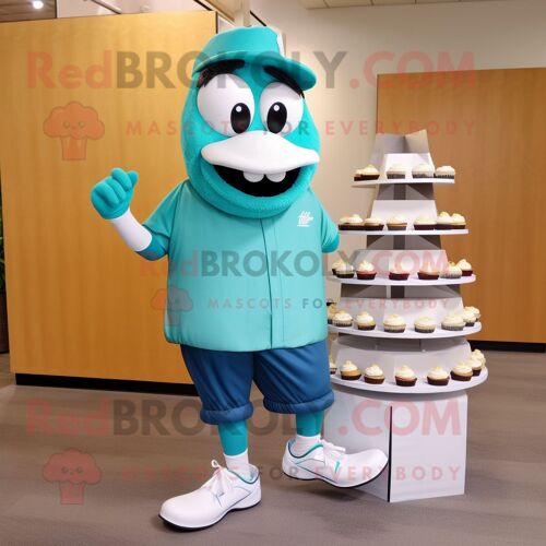 Personnage De Costume De Mascotte Redbrokoly De Gâteau De Mariage Bleu Sarcelle Habillé D'un Short De Course Et De Pinces À Chaussures