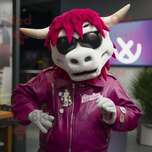 Personnage De Costume De Mascotte Redbrokoly De Zébu Magenta Habillé D'une Veste De Moto Et De Bonnets
