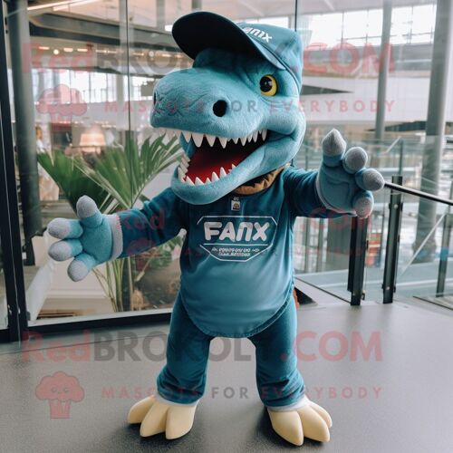 Personnage De Costume De Mascotte Redbrokoly Teal T Rex Habillé D'un Short En Jean Et D'épingles À Chapeau
