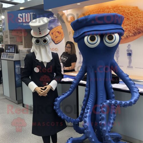 Personnage De Costume De Mascotte Redbrokoly De Calamars Frits Bleu Marine Habillé D'une Jupe Crayon Et De Boutons De Manchette