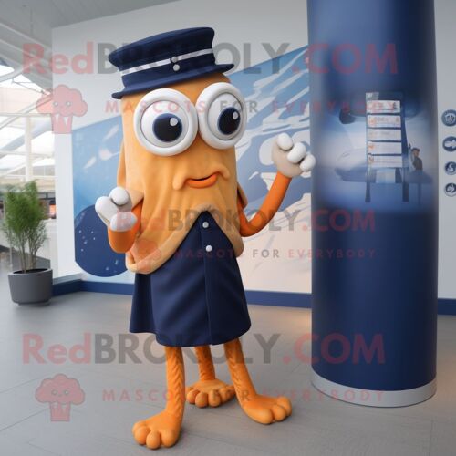 Personnage De Costume De Mascotte Redbrokoly De Calamars Frits Bleu Marine Habillé D'une Jupe Crayon Et De Boutons De Manchette