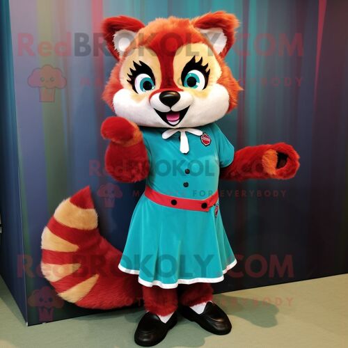 Personnage De Costume De Mascotte Redbrokoly De Panda Rouge Sarcelle Habillé D'une Jupe A-Line Et De Pinces À Chaussures
