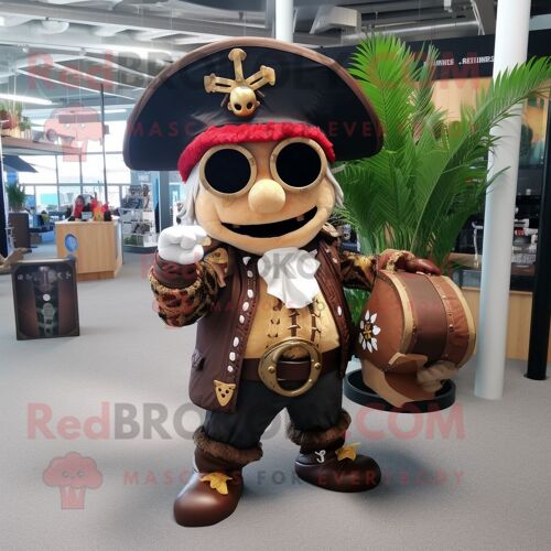 Mascotte Redbrokoly De Personnage De Pirate Marron Habillé D'un Bikini Et De Mallettes