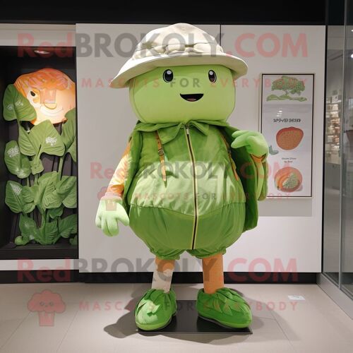 Personnage De Costume De Mascotte Redbrokoly Peach Cabbage Leaf Habillé Avec Un Short Cargo Et Des Broches
