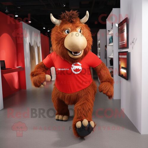 Personnage De Costume De Mascotte Redbrokoly De Rhinocéros Laineux Rouge Vêtu D'un Short De Course Et De Sacs À Main