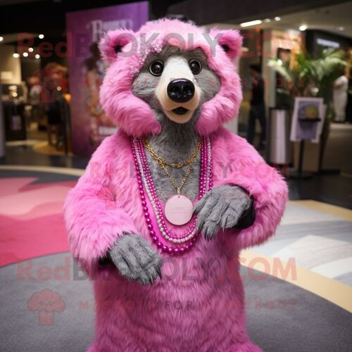 Personnage De Costume De Mascotte Redbrokoly D'ours À Lunettes Rose Habillé D'une Robe De Soirée Et De Colliers
