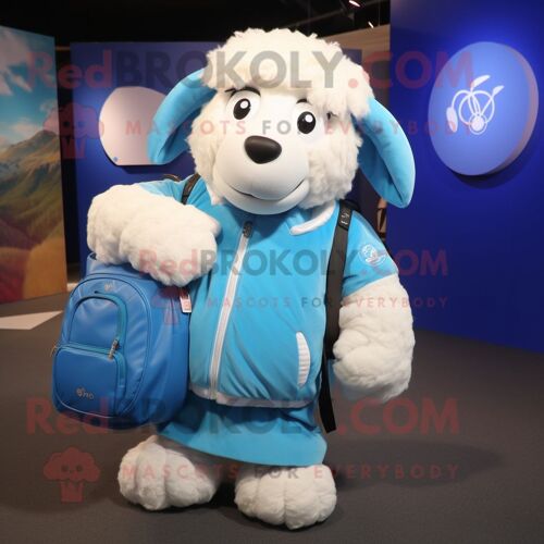 Personnage De Costume De Mascotte Redbrokoly De Mouton Suffolk Bleu Ciel Habillé D'un Sweat-Shirt Et De Sacs Messenger