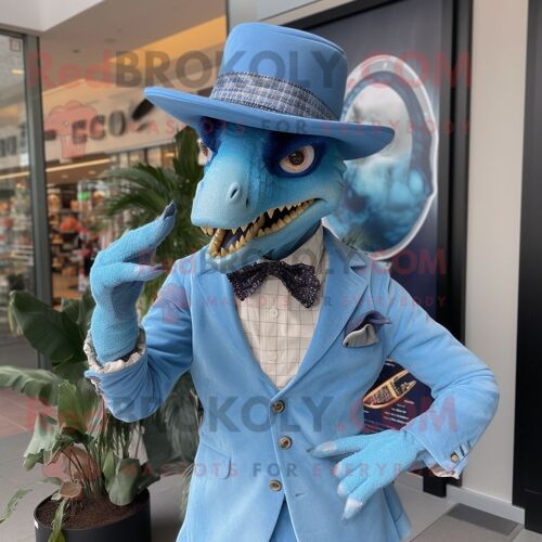 Personnage De Costume De Mascotte Redbrokoly D'utahraptor Bleu Ciel Habillé D'un Blazer Et D'épingles À Chapeau