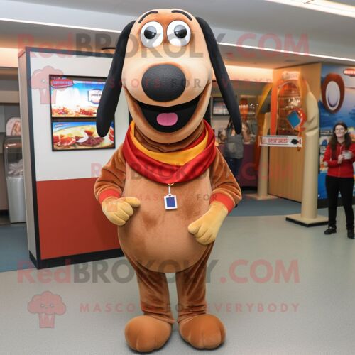 Personnage De Costume De Mascotte Redbrokoly De Hot Dogs Marron Habillé D'un Pull Et D'épinglettes