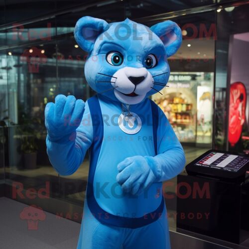 Personnage De Costume De Mascotte Redbrokoly Puma Bleu Ciel Habillé D'une Robe De Soirée Et De Montres Numériques
