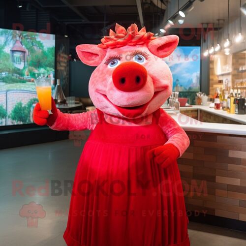 Personnage De Costume De Mascotte Redbrokoly Red Sow Habillé D'une Robe De Cocktail Et De Bandeaux