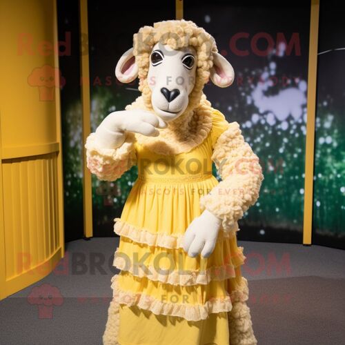 Personnage De Costume De Mascotte Redbrokoly De Mouton Mérinos Doré Habillé D'une Robe Trapèze Et De Bandeaux