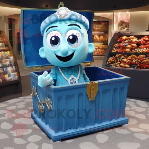Personnage De Costume De Mascotte Redbrokoly De Coffre Au Trésor Bleu Habillé D'un Polo Et D'anneaux