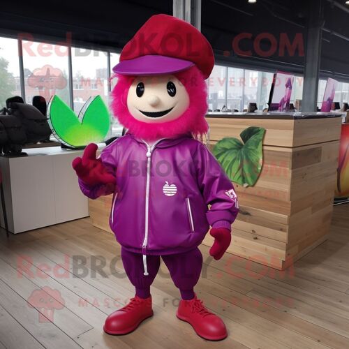 Personnage De Costume De Mascotte Redbrokoly Apple Magenta Habillé D'un Coupe-Vent Et De Bérets