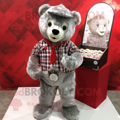 Personnage De Costume De Mascotte Redbrokoly D'ours En Peluche Argenté Habillé D'une Chemise En Flanelle Et De Porte-Monnaie