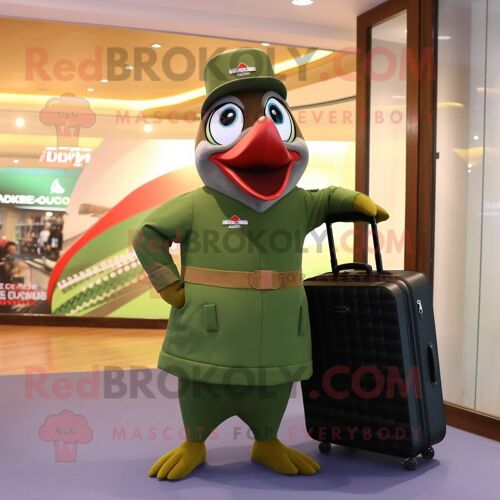 Personnage De Costume De Mascotte Redbrokoly Olive Woodpecker Habillé D'un Rash Guard Et De Mallettes
