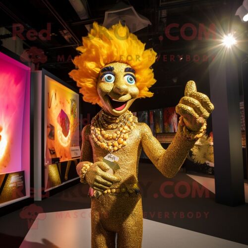 Personnage De Costume De Mascotte Redbrokoly De Cracheur De Feu Doré Habillé D'un Pantalon Chino Et De Colliers