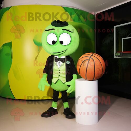 Personnage De Costume De Mascotte Redbrokoly De Ballon De Basket-Ball Vert Citron Habillé D'un Smoking Et D'écharpes