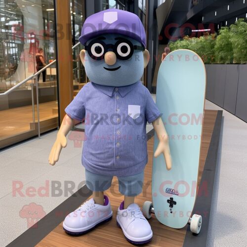 Personnage De Costume De Mascotte Redbrokoly De Planche À Roulettes Lavande Habillé D'un Short En Jean Et De Lunettes