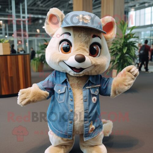 Personnage De Costume De Mascotte Redbrokoly D'écureuil Volant Beige Habillé D'une Chemise En Jean Et De Bandeaux
