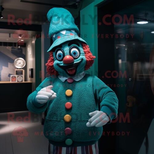 Personnage De Costume De Mascotte Redbrokoly De Clown Bleu Sarcelle Habillé D'un Pull Et De Casquettes