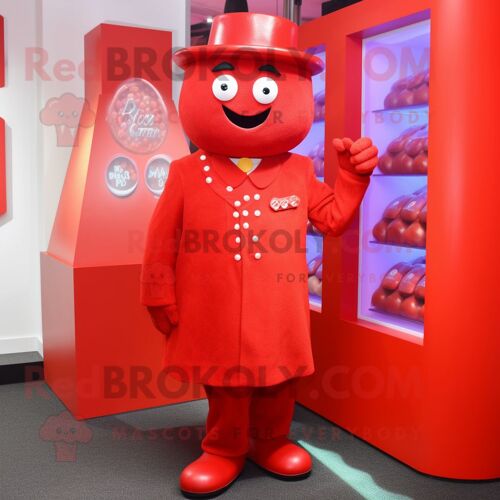 Personnage De Costume De Mascotte Redbrokoly Red Candy Box Habillé D'un Manteau Et De Boutons De Manchette