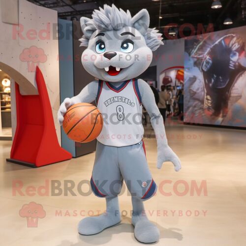 Personnage De Costume De Mascotte Redbrokoly De Ballon De Basket Gris Habillé Avec Un Jean Évasé Et Des Sacs À Dos