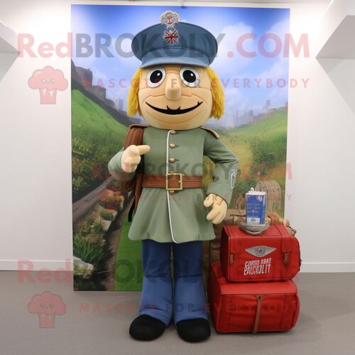 Personnage De Costume De Mascotte Redbrokoly Olive British Royal Guard Habillé D'une Chemise En Jean Et De Sacs Fourre-Tout