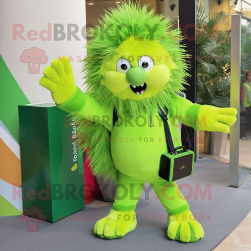 Personnage De Costume De Mascotte Redbrokoly De Porc-Épic Vert Lime Habillé D'une Combinaison Et De Sacs À Main