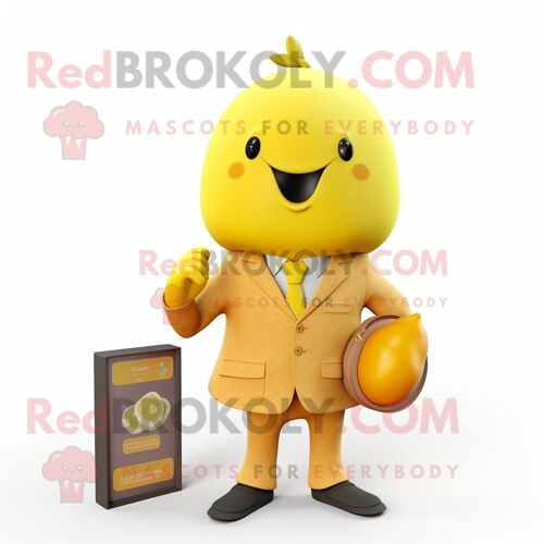 Mascotte Redbrokoly De Personnage D'abricot Jaune Habillé D'un Manteau Et De Pochettes
