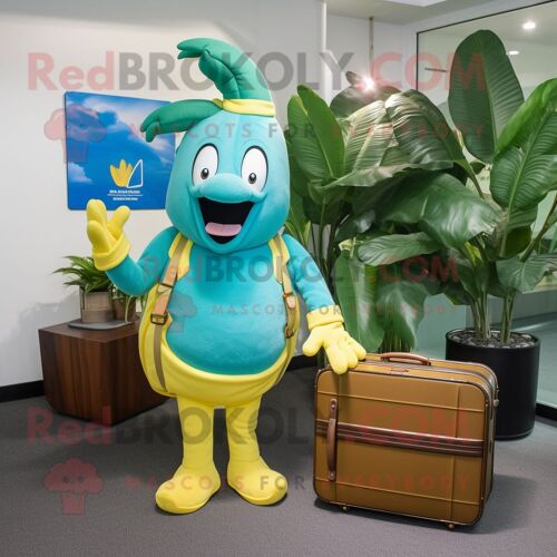 Personnage De Costume De Mascotte Redbrokoly Teal Banana Habillé D'un Polo Et De Porte-Documents