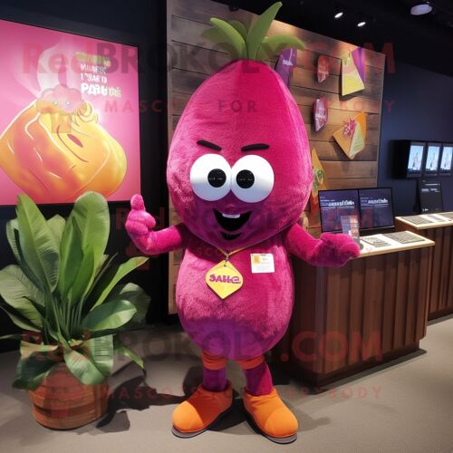 Personnage De Costume De Mascotte Redbrokoly Magenta Mango Habillé D'un Short Et D'épinglettes