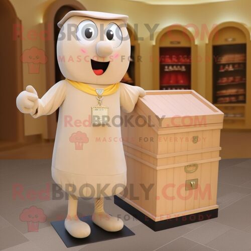 Personnage De Costume De Mascotte Redbrokoly De Coffre Au Trésor Beige Habillé D'une Robe Fourreau Et De Broches