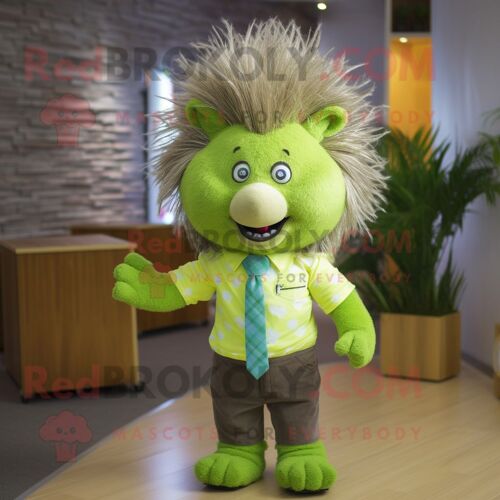 Personnage De Costume De Mascotte Redbrokoly De Porc-Épic Vert Citron Vêtu D'un Pantalon Chino Et De Cravates