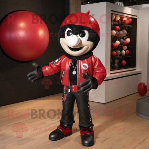 Personnage De Costume De Mascotte Redbrokoly Red Juggle Habillé D'une Veste En Cuir Et De Colliers