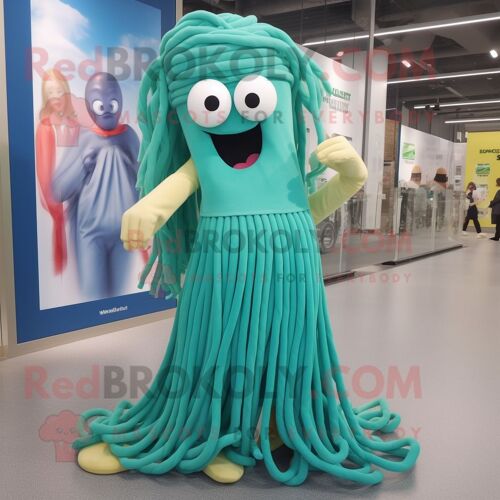 Personnage De Costume De Mascotte Redbrokoly Cyan Pesto Pasta Habillé D'une Robe Maxi Et De Lacets De Chaussures