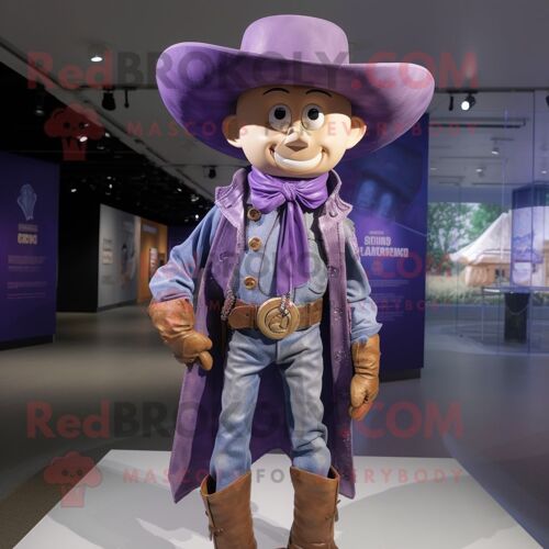 Personnage De Costume De Mascotte Redbrokoly De Cow-Boy Lavande Habillé D'une Veste En Cuir Et De Boutons De Manchette