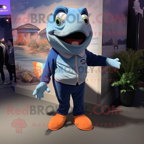 Personnage De Costume De Mascotte Redbrokoly De Saumon Bleu Habillé D'un T-Shirt À Manches Longues Et De Bretelles