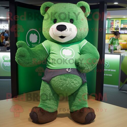 Personnage De Costume De Mascotte Redbrokoly D'ours Vert Habillé D'un T-Shirt Henley Et De Ceintures
