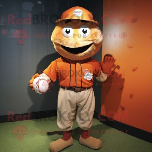 Personnage De Costume De Mascotte Redbrokoly De Boule De Baseball De Rouille Habillé D'un Pull Et De Bretelles