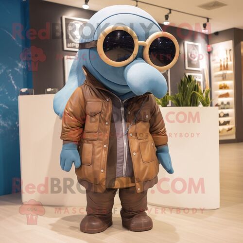 Personnage De Costume De Mascotte Redbrokoly De Baleine Bleue Brune Habillé D'une Parka Et De Lunettes